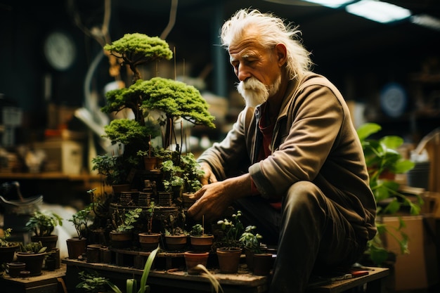 Un vieil homme plante un petit arbre un fermier âgé d'été dans un jardin IA générative