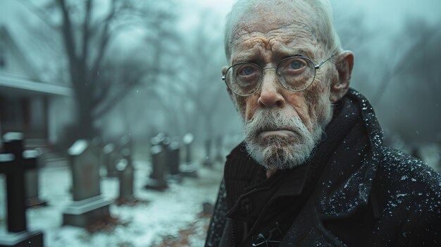 Le vieil homme pleure la perte au milieu du cimetière le chagrin silencieux au cimetière