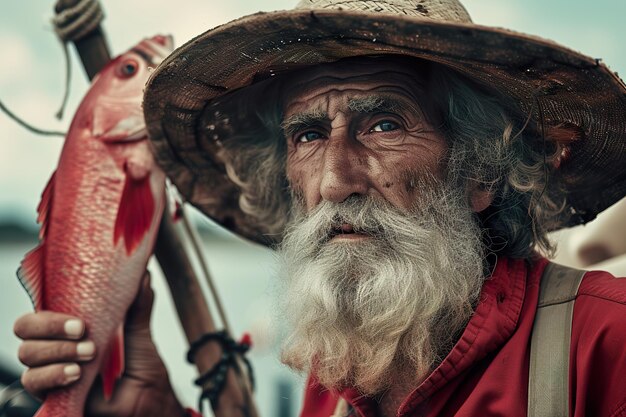 Photo un vieil homme avec un poisson sur la tête et un poisson dans la main