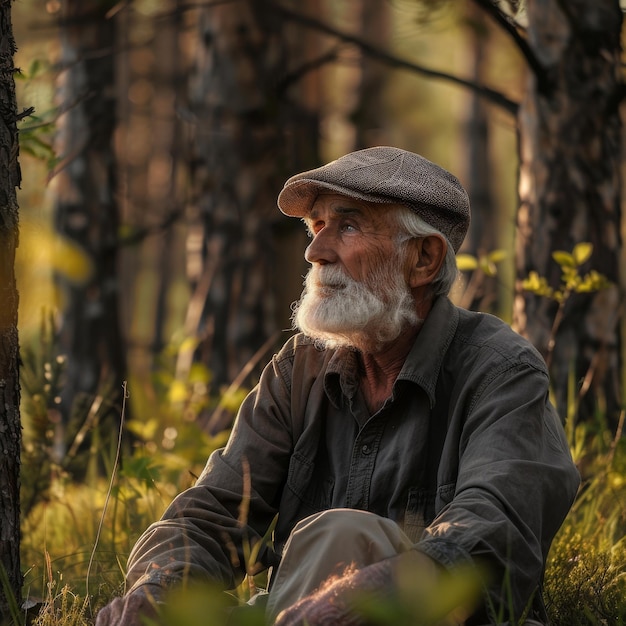 Un vieil homme profite d'un moment dans la forêt