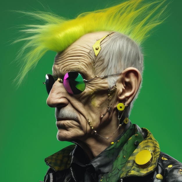 Un vieil homme punk avec une coiffure élégante sur un fond brillant