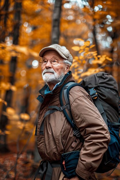 Un vieil homme en randonnée dans la forêt