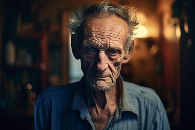 un vieil homme à la recherche stressé dans le salon fond de style bokeh