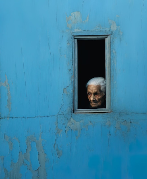 un vieil homme regardant par une fenêtre avec un mur bleu derrière lui