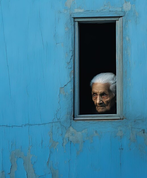 Photo un vieil homme regardant par une fenêtre avec un mur bleu et une fenêtre qui a un visage dessus