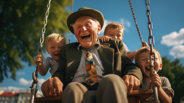 Un vieil homme riant avec ses petits-enfants sur la balançoire à la lumière du jour dans le parc.