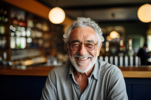 Un vieil homme rit dans un pub