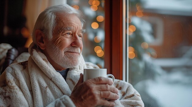 Un vieil homme en robe regardant par la fenêtre de sa maison avec une tasse de café à la main.