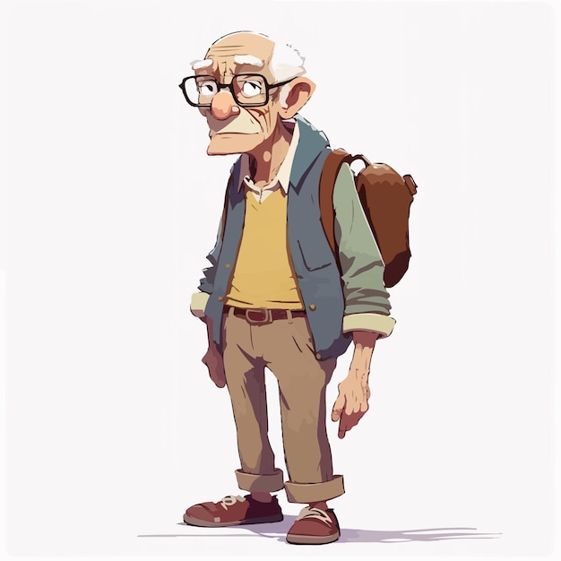 Un vieil homme avec un sac à dos et des lunettes.