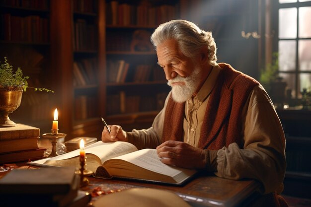 Un vieil homme sage qui lit un livre dans un bureau confortable