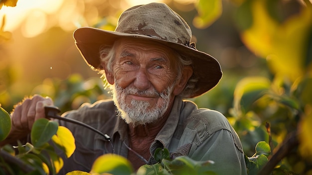 Un vieil homme satisfait arrose des jeunes arbres à l'heure de l'or