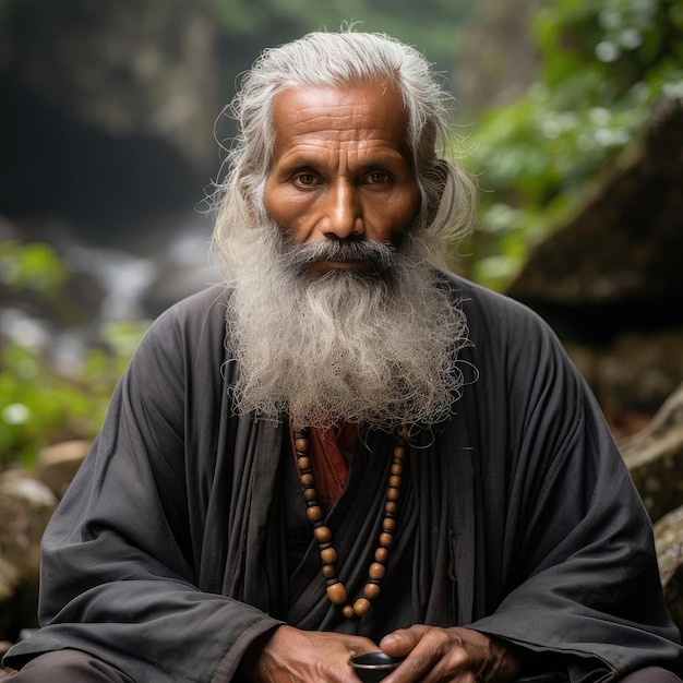 Photo vieil homme serein avec une longue barbe blanche en plein air