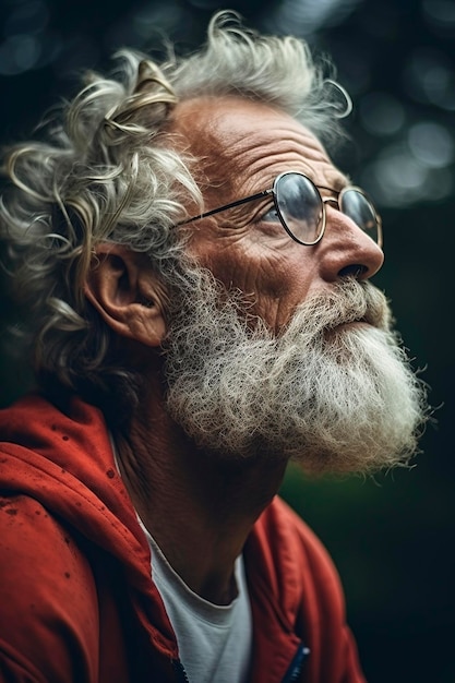 Un vieil homme sérieux et réfléchi regardant le paysage.