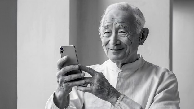 Photo un vieil homme avec un smartphone.