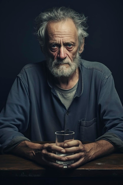 Un vieil homme solitaire avec un verre d'eau dans les mains.