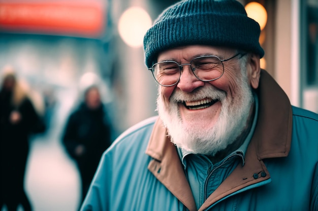 Vieil homme souriant avec une barbe à lunettes et une casquette dans la rue