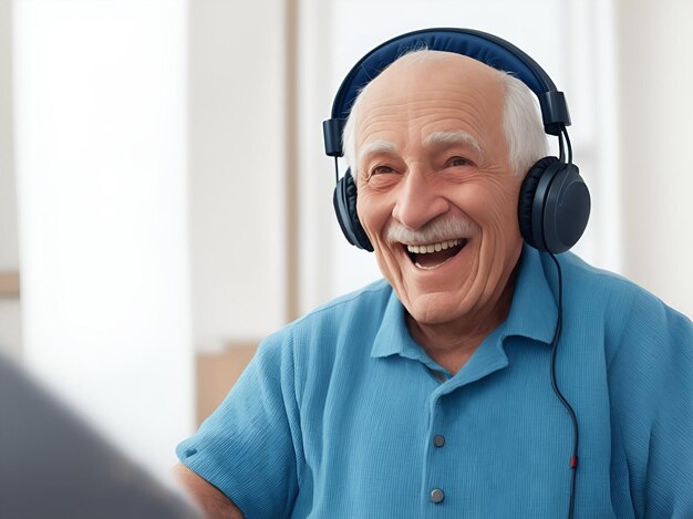 Un vieil homme souriant avec des écouteurs écoutant de la musique.