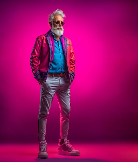 Un vieil homme super élégant avec une barbe grise dans une veste de couleur sur un fond futuriste lumineux