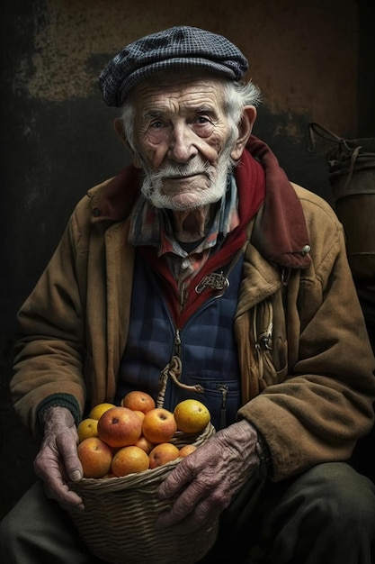 Un vieil homme tenant un panier de pommes