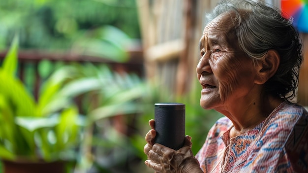 un vieil homme tenant une tasse avec le mot dessus