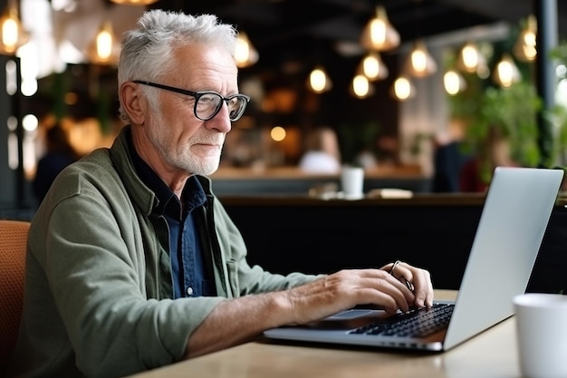 Vieil homme travaillant sur un ordinateur portable dans un café à table