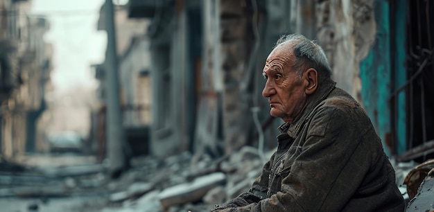 Un vieil homme triste est assis sur les ruines d'une maison détruite après une attaque militaire contre des infrastructures civiles.