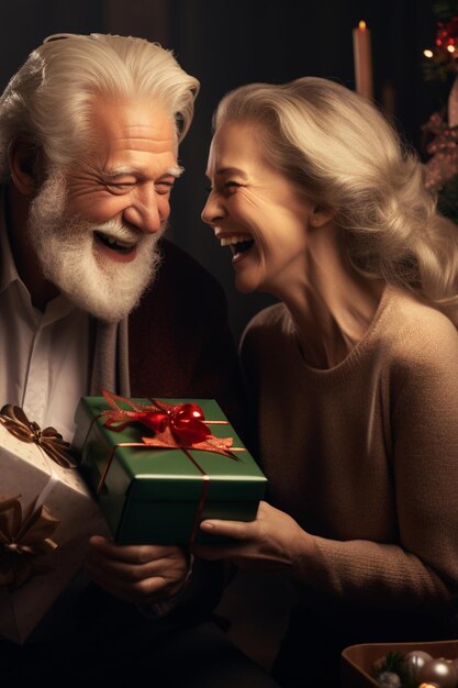 Un vieil homme et une vieille femme heureux avec une boîte à cadeaux.