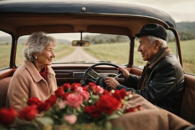 vieil homme et une vieille femme en joyeux jour de la Saint-Valentin fleur d'amour à la main Ai image