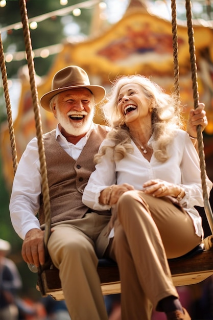 Un vieil homme et une vieille femme rient sur une balançoire, se détendent, prennent des vacances en famille à la retraite.