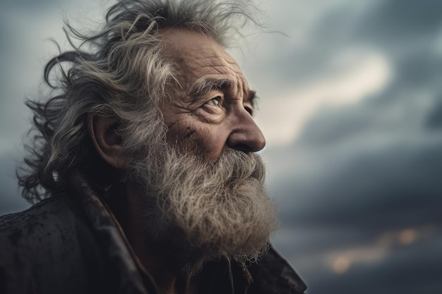 Vieil homme visionnaire avec une barbe dans un portrait cinématographique Stormy Sky