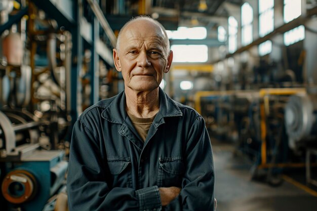 un vieil ingénieur confiant debout dans une usine