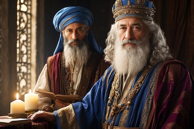 Un vieil prêtre avec une longue barbe et une barbe blanche est assis devant une fenêtre