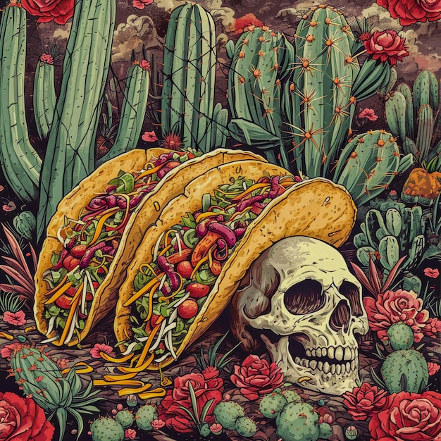 Vieille affiche mexicaine vintage avec des tacos et un crâne IA générative