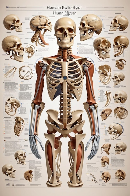 une vieille affiche d'un squelette humain avec un grand crâne et des os.