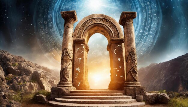 Vieille arche avec des piliers portail vers un autre monde lieu magique runes anciennes paysage naturel