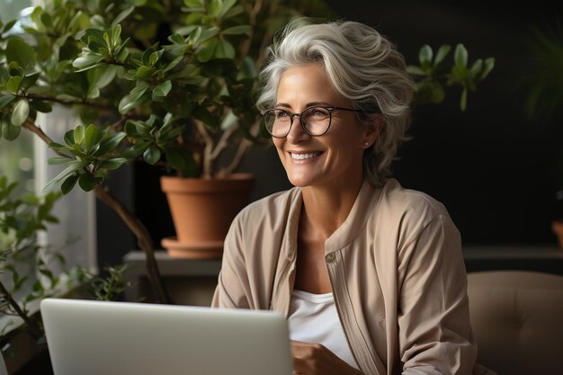vieille belle femme de 50 ans avec des cheveux blancs gris un large sourire est assis à un ordinateur portable à la maison