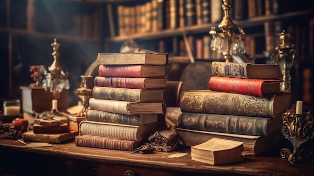 vieille bibliothèque vintage pile de livres anciens sur une vieille table en bois dans un cadre médiéval fantastique