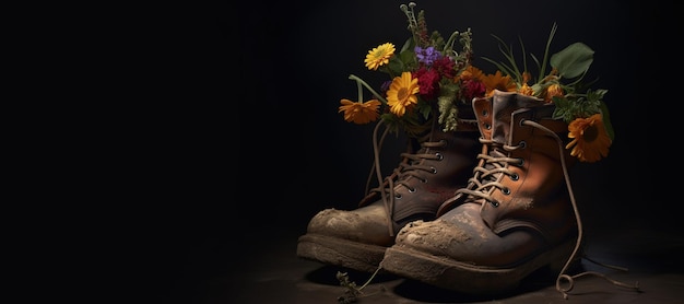 Vieille botte IA générative avec jardinière de chaussures à la main de fleurs de printemps de prairie