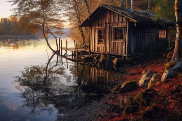 Vieille cabane au bord du lac Generative AI