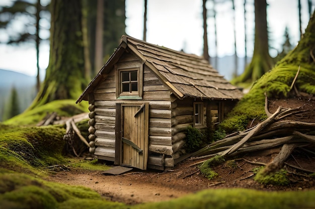 une vieille cabane en bois miniature dans la forêt