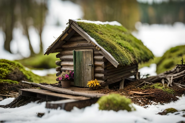 une vieille cabane en bois miniature dans la forêt