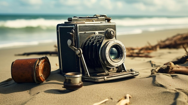 Une vieille caméra sur la plage.