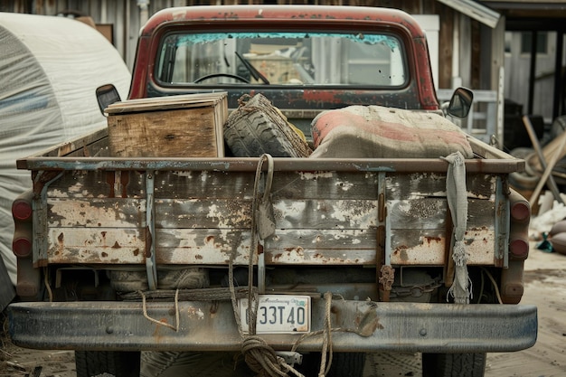 Photo une vieille camionnette avec des déchets à l'arrière.