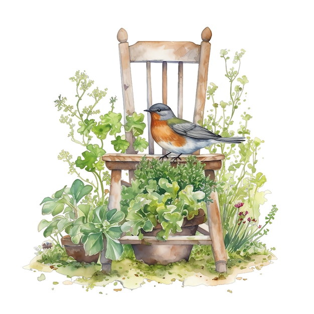 Vieille chaise de printemps dans un garn avec des fleurs envahies et un oiseau aquarelle illustration printemps clipart