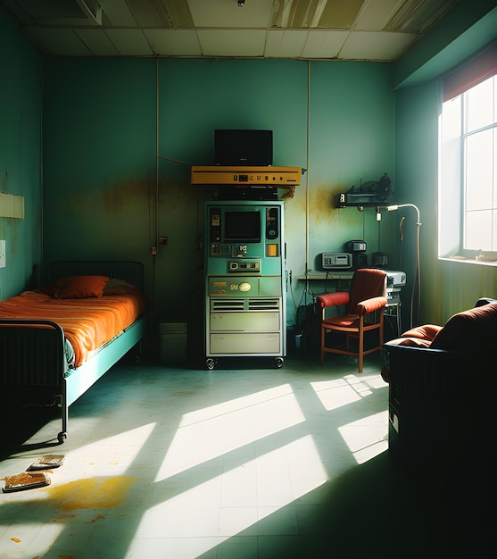 Vieille chambre d'hôpital abandonnée avec lit vide et équipement médical usé illustration générative ai