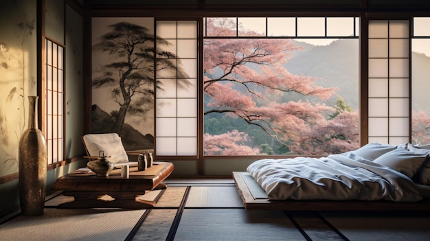 Photo vieille chambre de style japonais avec un lit moderne