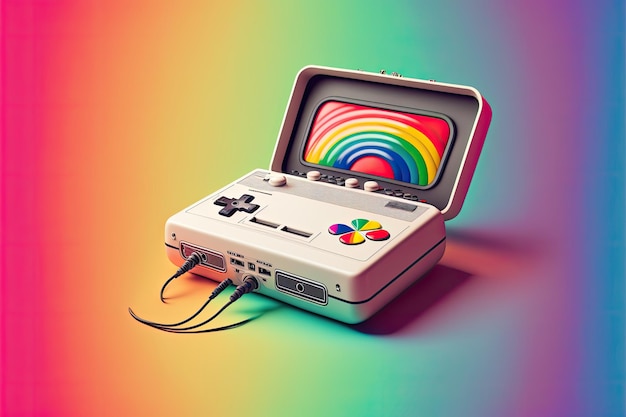 Vieille console de jeux vidéo sur fond arc-en-ciel illustration numérique IA