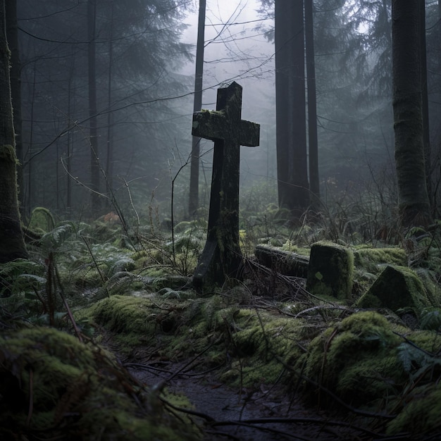 une vieille croix de bois se trouve au milieu d'une forêt brumeuse