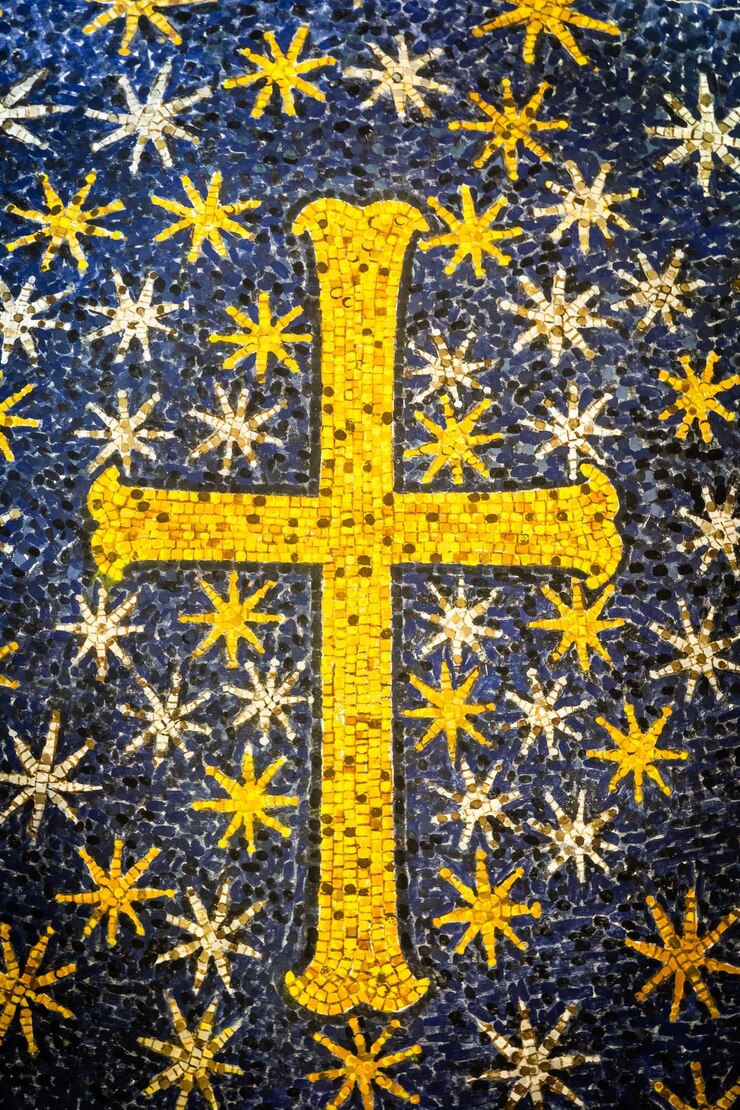 Photo vieille croix en mosaïque dans une église byzantine italienne icône spirituelle religieuse