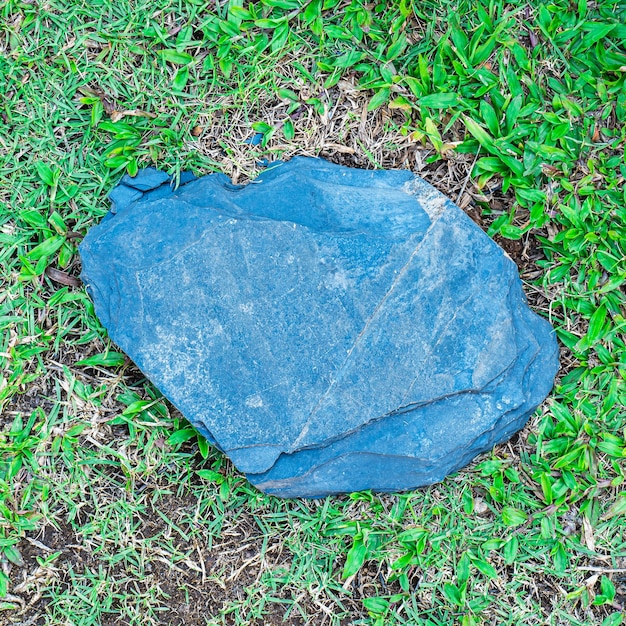 Une vieille dalle de pierre brute posée sur une pelouse verte comme plaque pour une séance photo en plein air